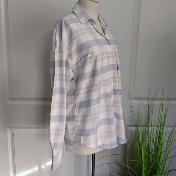 Free People Plaid Button Front Collared Oversized Pastel Purple Pink XS NWT - Picture 4 of 8